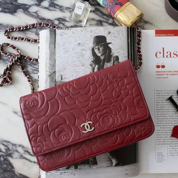 CHANEL Red/Maroon Camellia Embossed Lambskin WOC Silver HW w/ Zeko's COA - Picture 9 of 11